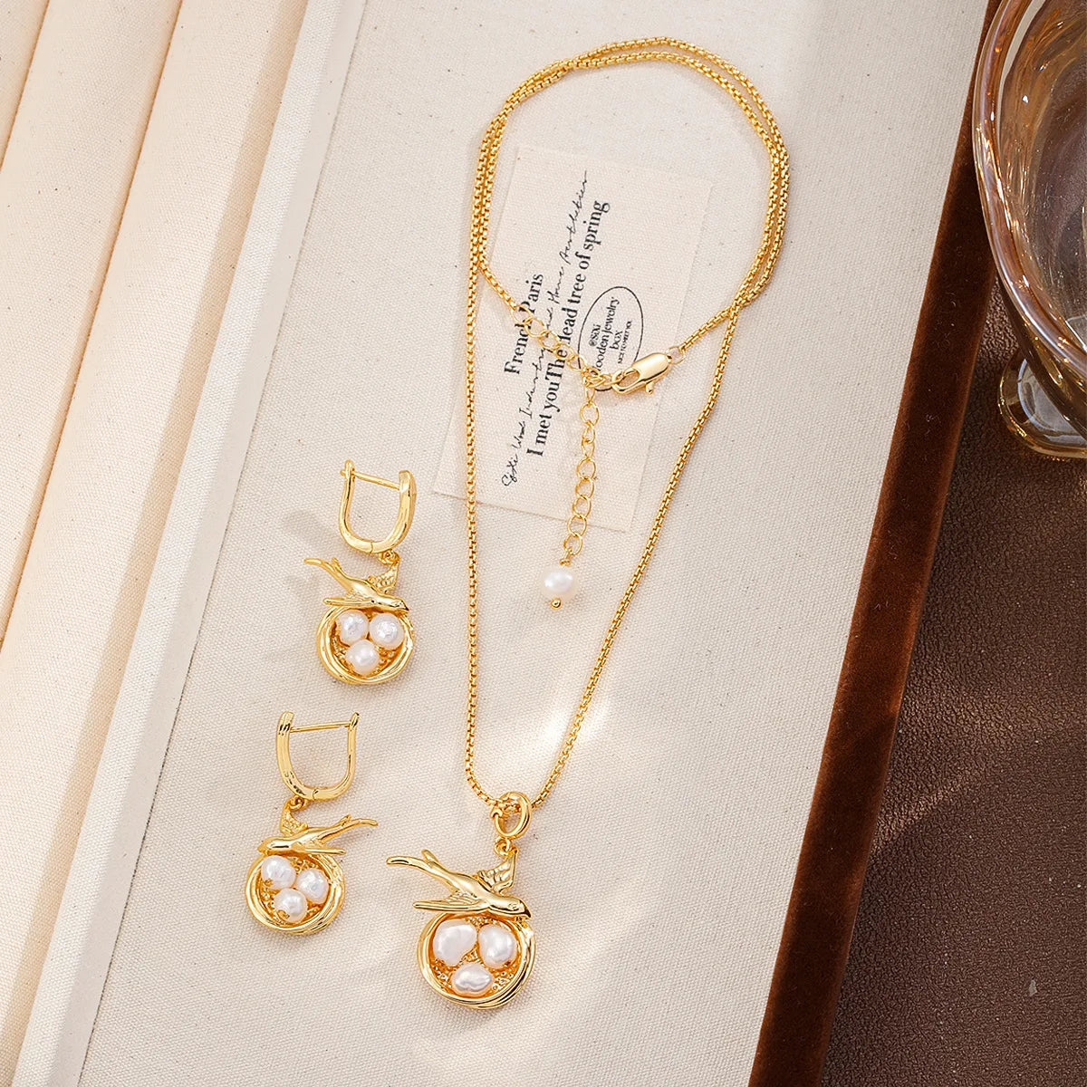 Women Gold 18k Gold-plated Freshwater Pearl Bird Necklace Earring Rings Factory Price Charms Fashion Jewelry Sets for Female