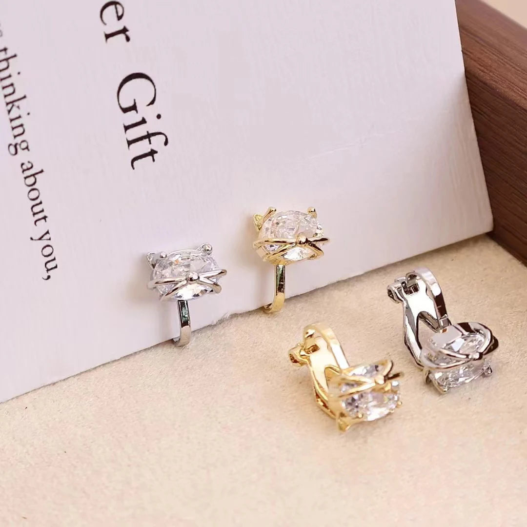Ladies Cat Shape Imitation Pearl Small Clip-on Earring Sparking Glitter Fashion Cute Wholesale High Quality Jewelry Accessories