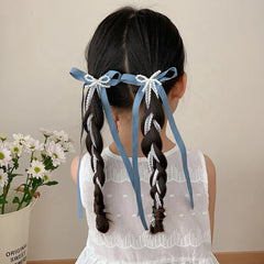 Cute Sweet Demin Ribbon Bowknot Hair Clips for Baby Girls Lace Imitation Pearl Alligators for Kids Children Hair Accessories
