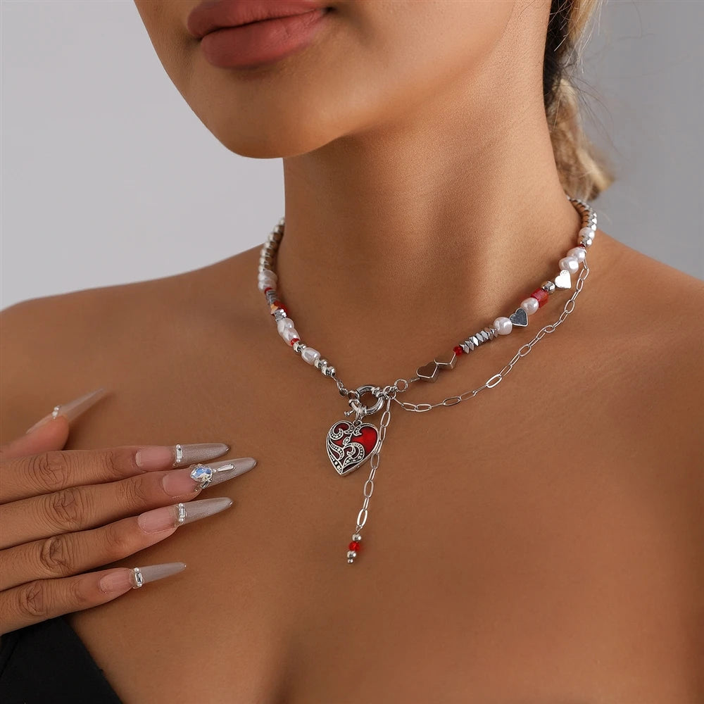 Fashion Punk Y2K Glitter Heart Necklaces for Girls Links Sweet Spicy Glamorous Jewelry for Women Ladies Accessories Wholesale