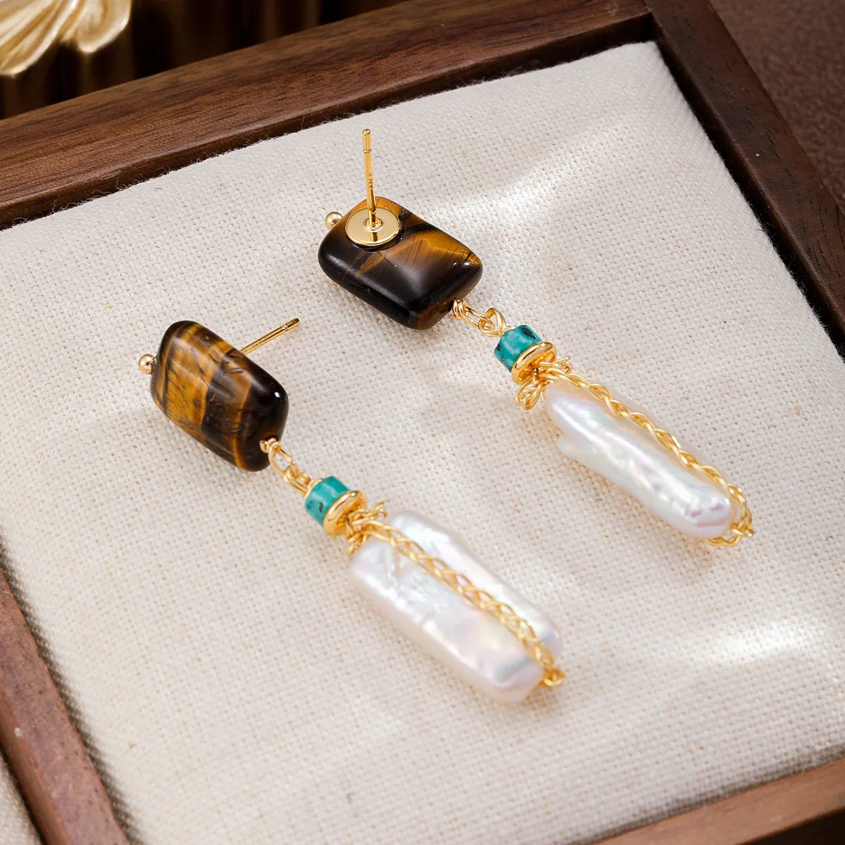 Fashion Tiger Eye Stone Turquoise Baroque Pearl Drop Earrings for Girls Elegant Jewelry for Women Ladies Wholesale Stylish Boho