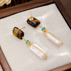 Fashion Tiger Eye Stone Turquoise Baroque Pearl Drop Earrings for Girls Elegant Jewelry for Women Ladies Wholesale Stylish Boho