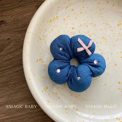 Kids Blue White Flower Print Small Scrunchies Ponytail Holder High Elastic Fashion Hair Ties Accessories for Children Daily Use