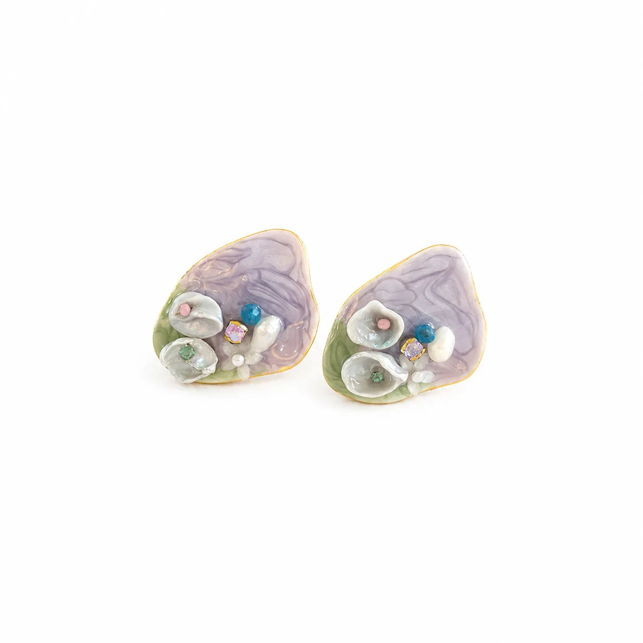 Girls Drip Glaze Hand-Painted Graffiti Purple Pink Flower Freshwater Pearl S925 Silver Stud Earring Elegant Trendy Jewelry