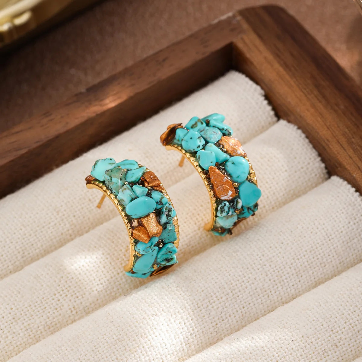 Women Green Small Blue Turquoise 18k Gold-plated S925 Silver Hoop Earring Vintage Trendy Factory Price Jewelry for Causal Daily