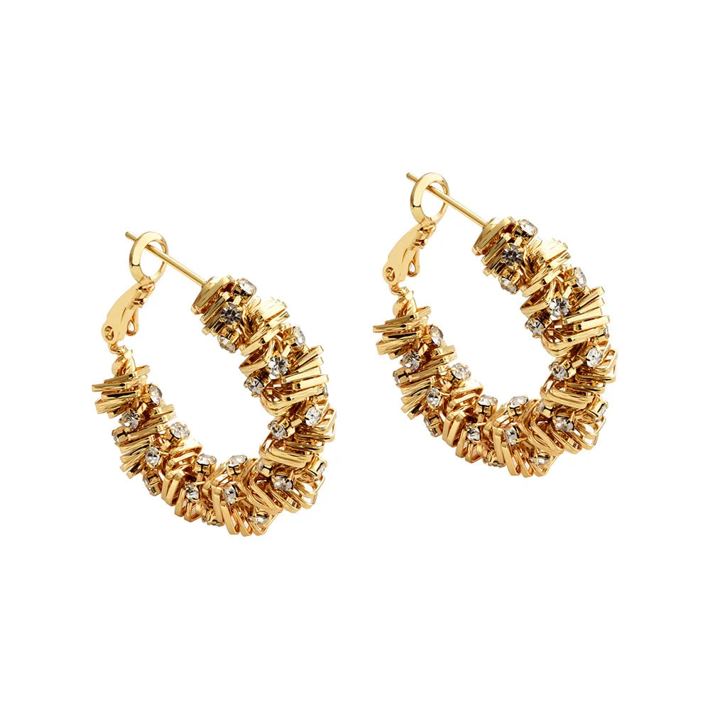 Irregular Woven Gold Zirconium-inlaid Earrings Copper Plated Light Luxury Earrings Classic Fashion Personalized Ear Accessory