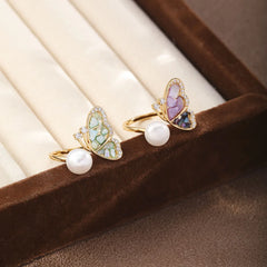 Fashion Freshwater Pearl Crushed Shell Cubic Zirconia Butterfly Rings for Girls Sweet Jewelry for Women Ladies Wholesale Bulk