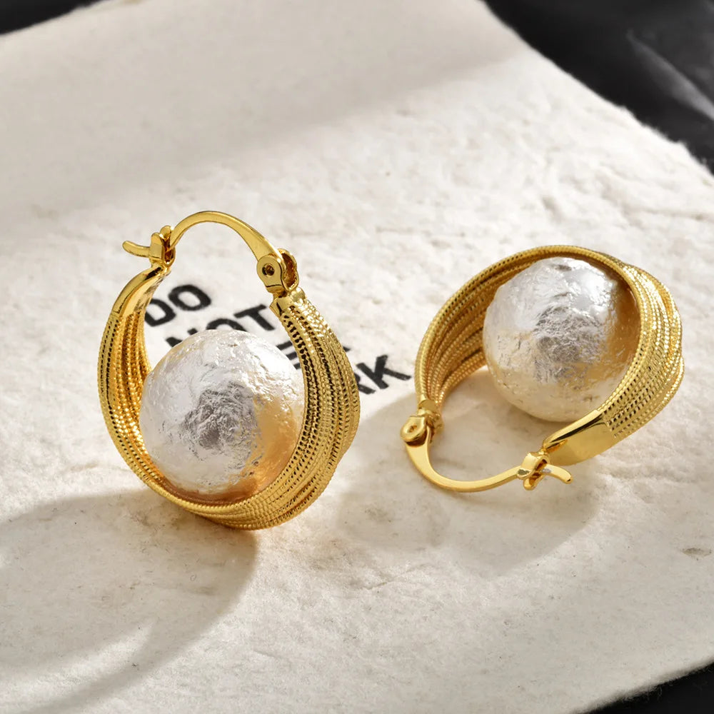 Female Unique Trendy Earrings Retro Hemp Pattern Earclips High-end Beads and Imitation Pearl Elegant Fashion Earrings Jewelry