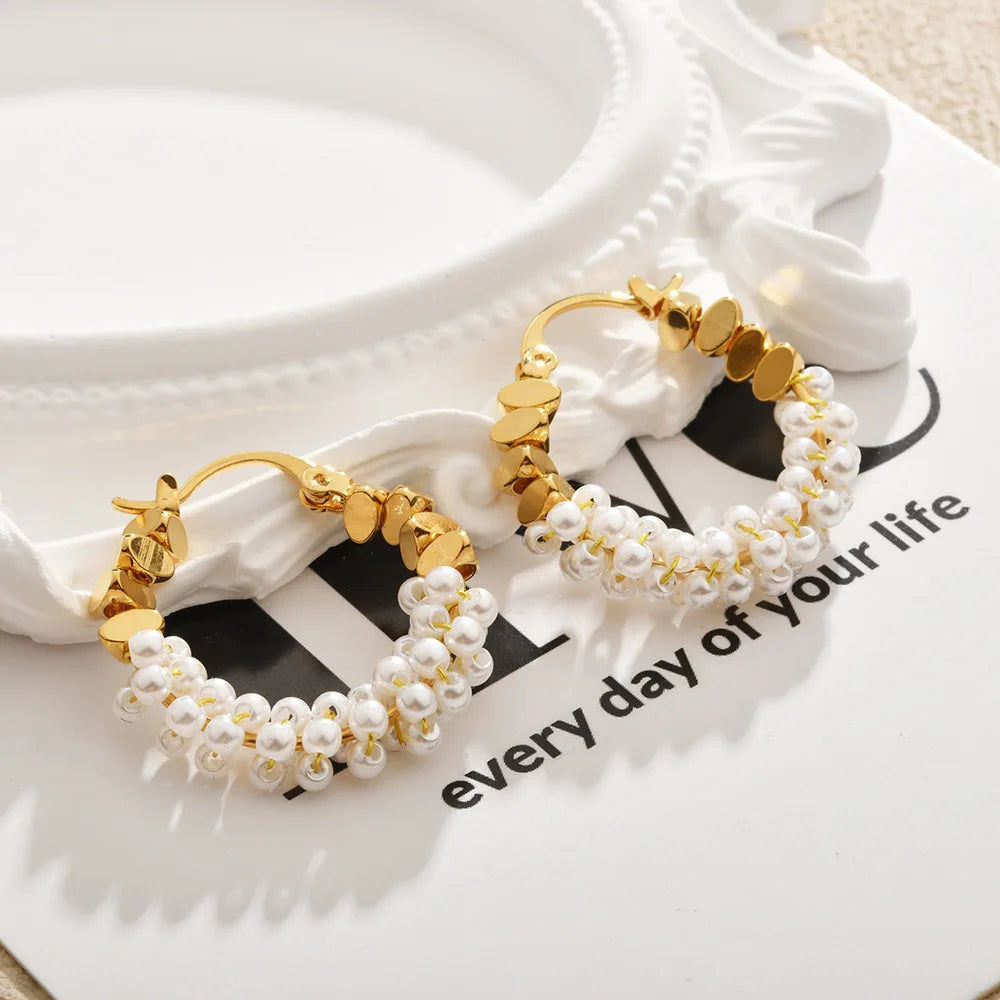 Exquisite Earrings Gold-wrapped Imitation Pearl Simple Hoop Earrings Luxury High-end Elegant Korea Style Ear Jewelry Wholesale