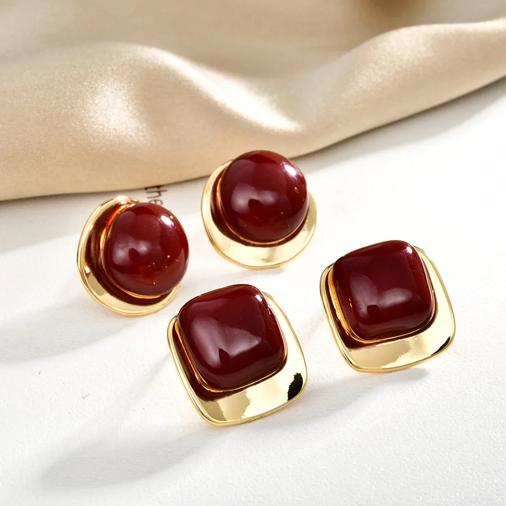 Vintage Burgundy Enamel Stud Earrings Gold Plated Geometric Square Round Minimalist Elegant French Style Ear Jewelry Women Bulk