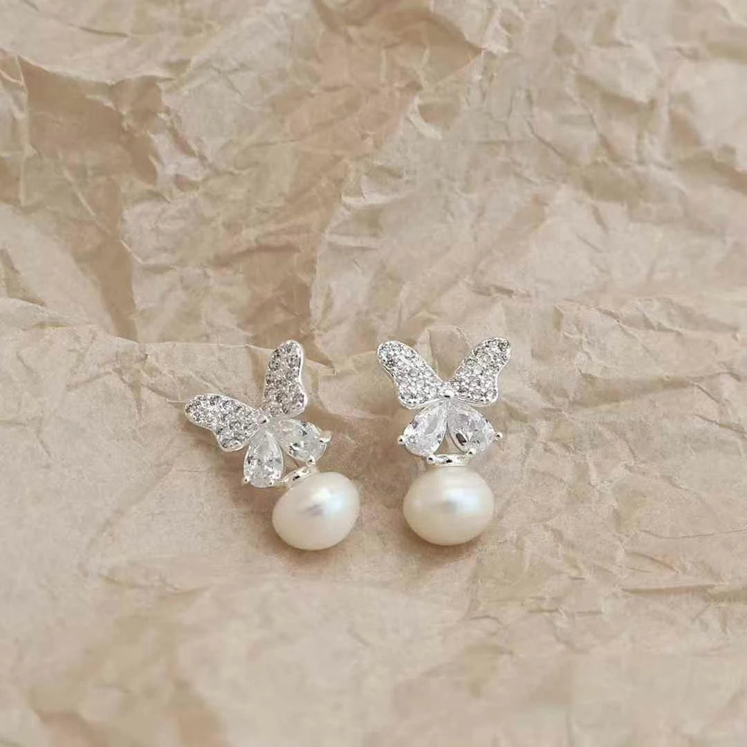 Ladies Hot Sale Butterfly Imitation Pearl Small Drop Earring Fashion Glitter Charms Wholesale High Quality Jewelry Accessories