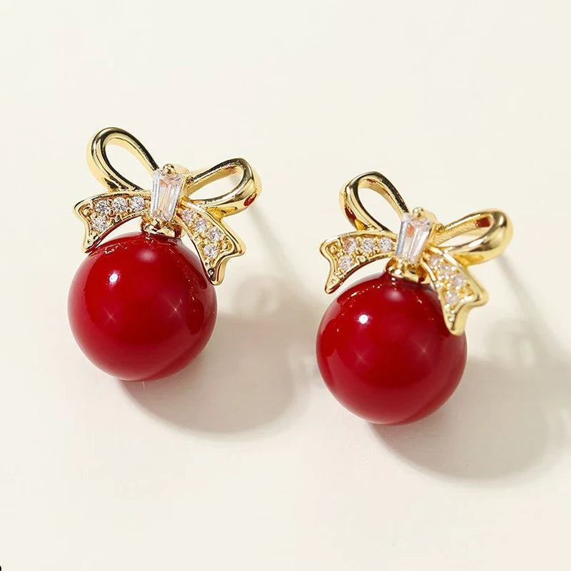 Fashion Red Solid Color Bowknot Luxury Glitter Stud Earrings for Girls Sweet Jewelry for Women Ladies Accessories Wholesale