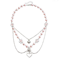 Fashion Sweet Princess Style Imitation Pearl Heart Shaped Necklaces Layered Wearing Jewelry for Women Ladies Accessories Daily