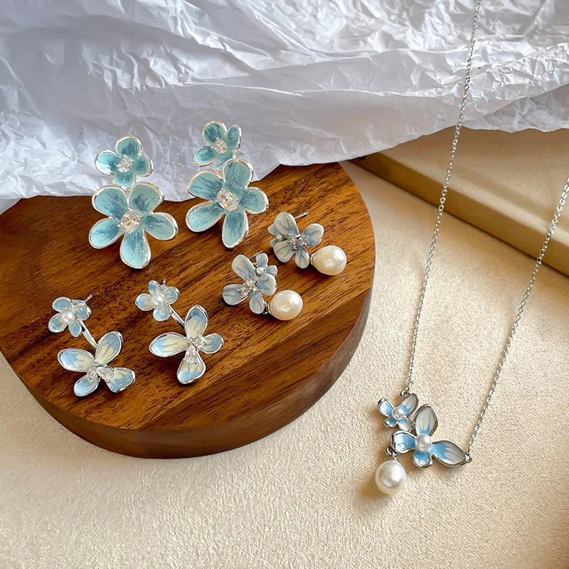 Fashion Freshwater Pearl S925 Silver Jewelry Sets for Girls Flower Copper White K Plated Earrings Necklaces for Women Ladies