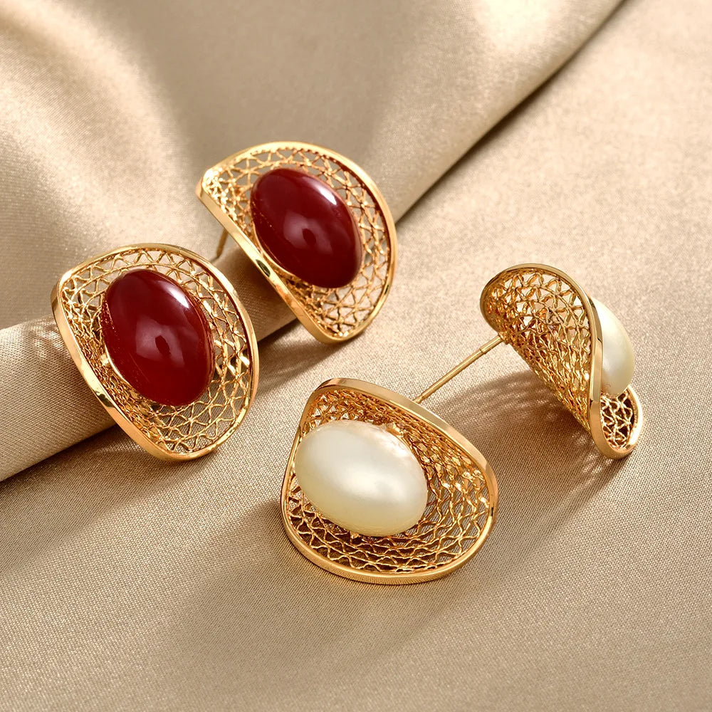 Trendy Retro Court Style Stud Earrings Red Oval Pearl Hollow-out Earrings Fashionable Personality Elegant Women's Ear Jewelry
