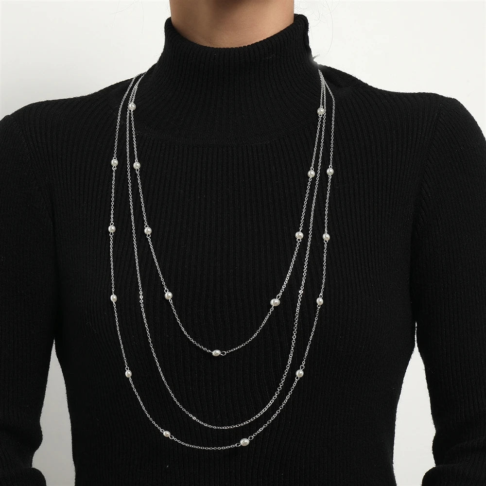 Fashion Simple Imitation Pearl Sweater Chain Necklaces for Girls Sweet Elegant Minimalistic Jewellry for Women Ladies Accessory