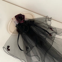 Vintage Dried Rose Flowers Bow Veil Hair Clip for Women Gothic Ghost Bride Hair Accessories Dark Aesthetic Mesh Headpiece