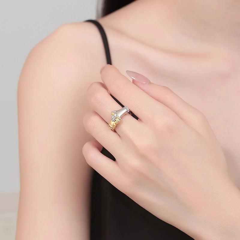 Hand In Hand Open Rings Women Gold and Silver Adjustable Friendship Couple Promise Ring with Zircon Fashion Jewelry Gift Bulk