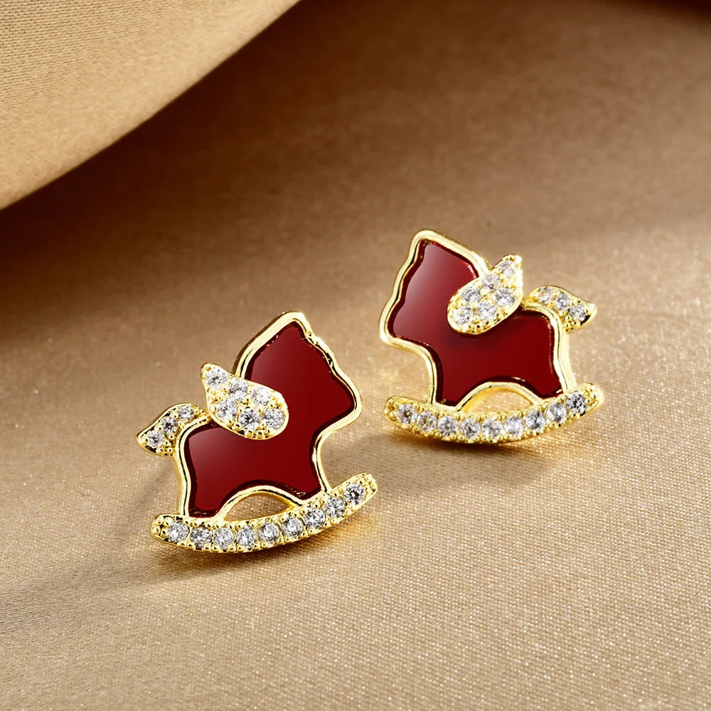 Horse Year Fashion Earrings Stud Flash Zodiac Red Cute Trojan Horse Earrings Light Luxury High-end Earrings for New Year Bulk