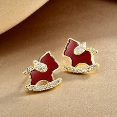 Horse Year Fashion Earrings Stud Flash Zodiac Red Cute Trojan Horse Earrings Light Luxury High-end Earrings for New Year Bulk