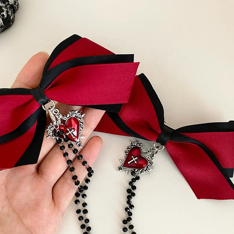 Red Bow Gothic Halloween Hair Clip for Kids Heart Cross Chain Spooky Cute Children Hair Accessories Chic Costume Party Hairpins