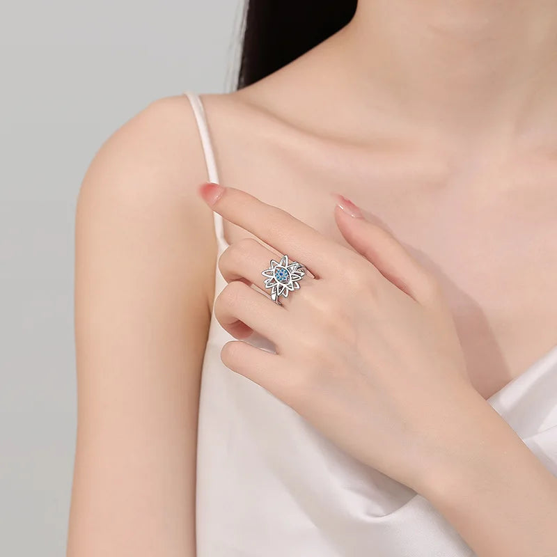 Rotatable Flower Open Rings Women Adjustable Devils Eye Blue Zircon Sunflower Design Ring Fashion Jewelry Elegant Gift Wholesale
