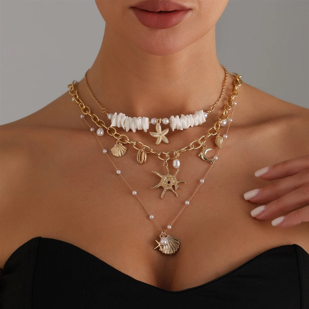 Fashion Boho Beach Ocean Shell Layered Wearing Necklaces for Girls Luxury Sweet Elegant Jewelry for Women Ladies Accessories