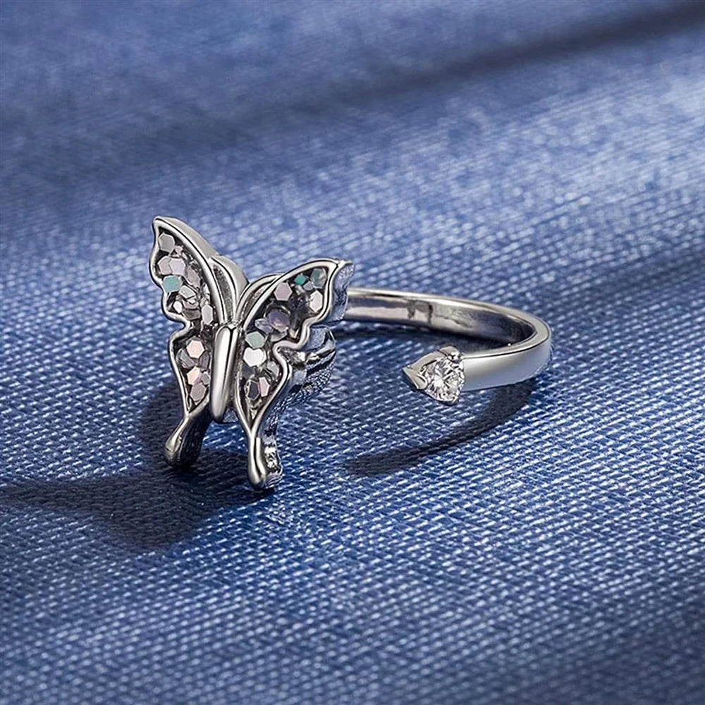 Silver Butterfly Open Ring Women's Adjustable Inlaid Crystal Fashion Jewelry Elegant Cute Stress-relief Ring Gift Idea Wholesale