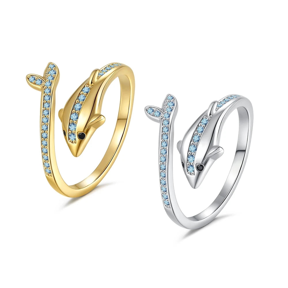 Fashionable Elegant Open Rings Cute Blue Dolphin Zircon Adjustive Rings Women's Jewelry Making Suppliers Gift Idea Accessories