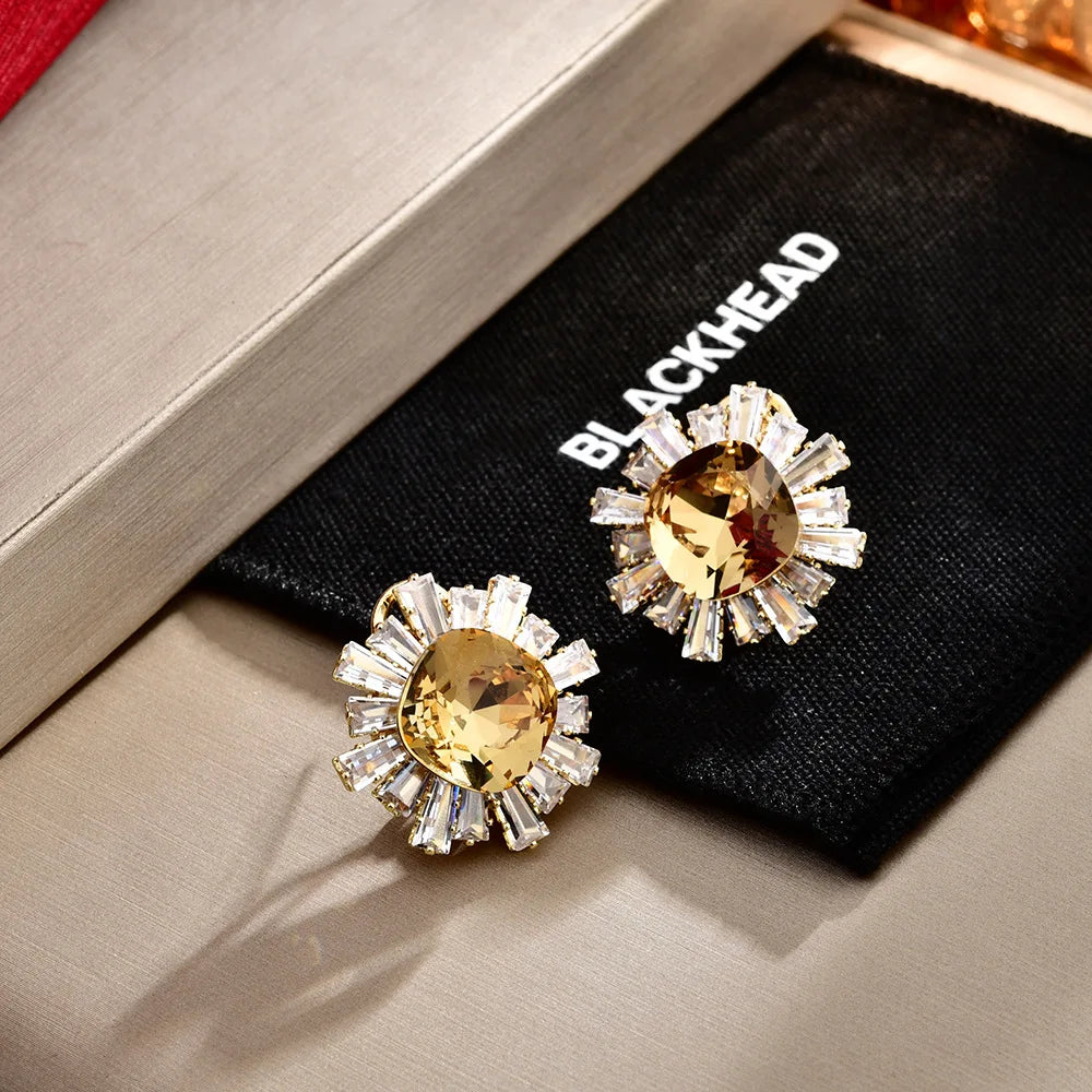 14K Gold Plated Ear Studs Rhinestone Glitter Zircon Inlaid Sunflower Earrings Light Luxury High-end Fashion Exquisite Earrings
