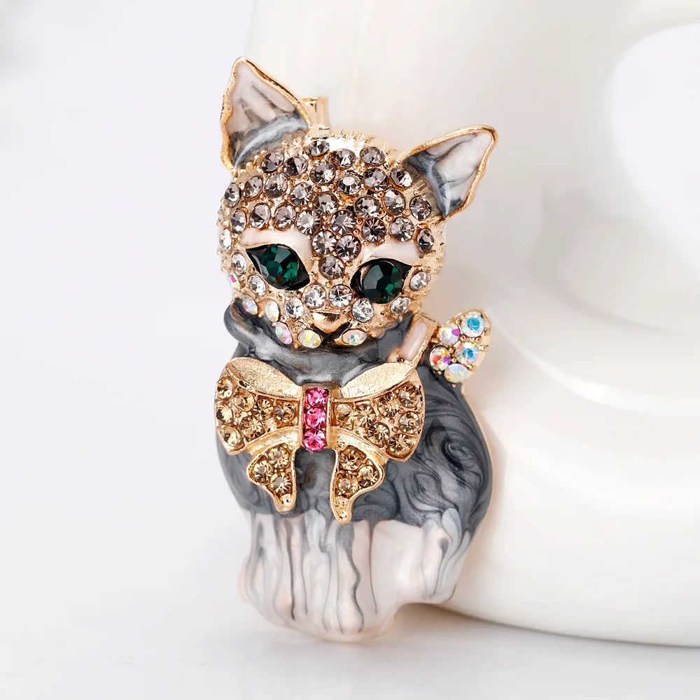 Fashion Glitter Sparking Animals Kitten Cat Brooches for Girls Luxury Pins Jewelry for Women Ladies Accessories Wholesale Chic