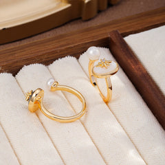Fashion Copper 18K Gold Plated Rings for Girls Mother of Pearl Freshwater Pearl Jewelry for Women Ladies Wholesale Simple Bulk