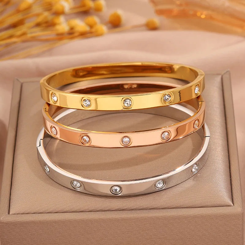 Stainless Steel Bangle Bracelet with Crystal Inlay Solid Colors Minimalist Fashion Jewelry for Women Accessories Gift Wholesale