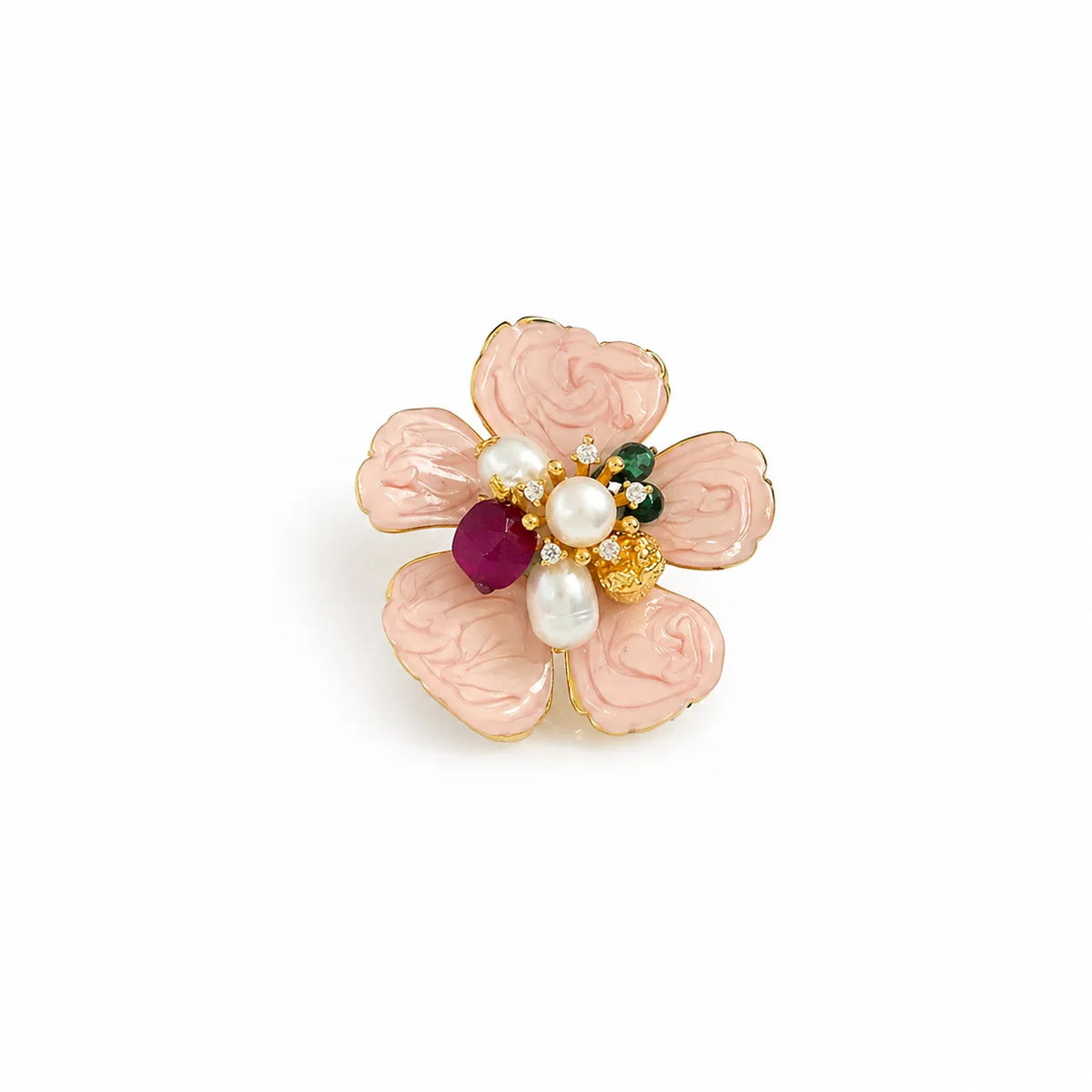 Fashion Flower Freshwater Pearl Cubic Zirconia Jade Brooches for Girls Copper 18K Gold Jewelry for Women Ladies Wholesale