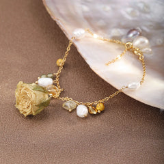 Fashion Rose Dried Flowers Freshwater Pearl Glass Crystal Yellow Jasper Bracelets for Girls Jewelry for Women Ladies Wholesale