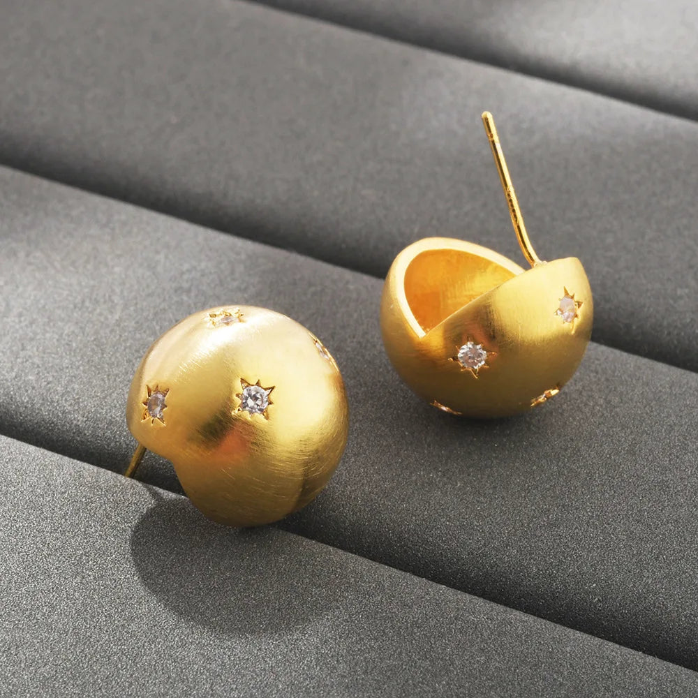 Geometric Spherical Brushed Hexagonal Star Stud Earrings with Zircon Simple Light Luxury High-end Niche style Earrings Women