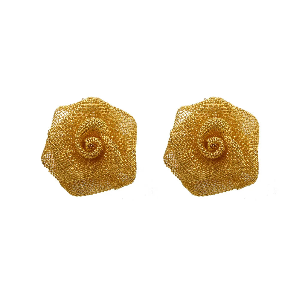 Women's Exquisite Flower Earrings Compact Metal Mesh Woven Rose Stud Earrings Elegant Personalized Casual Fashionable Earrings