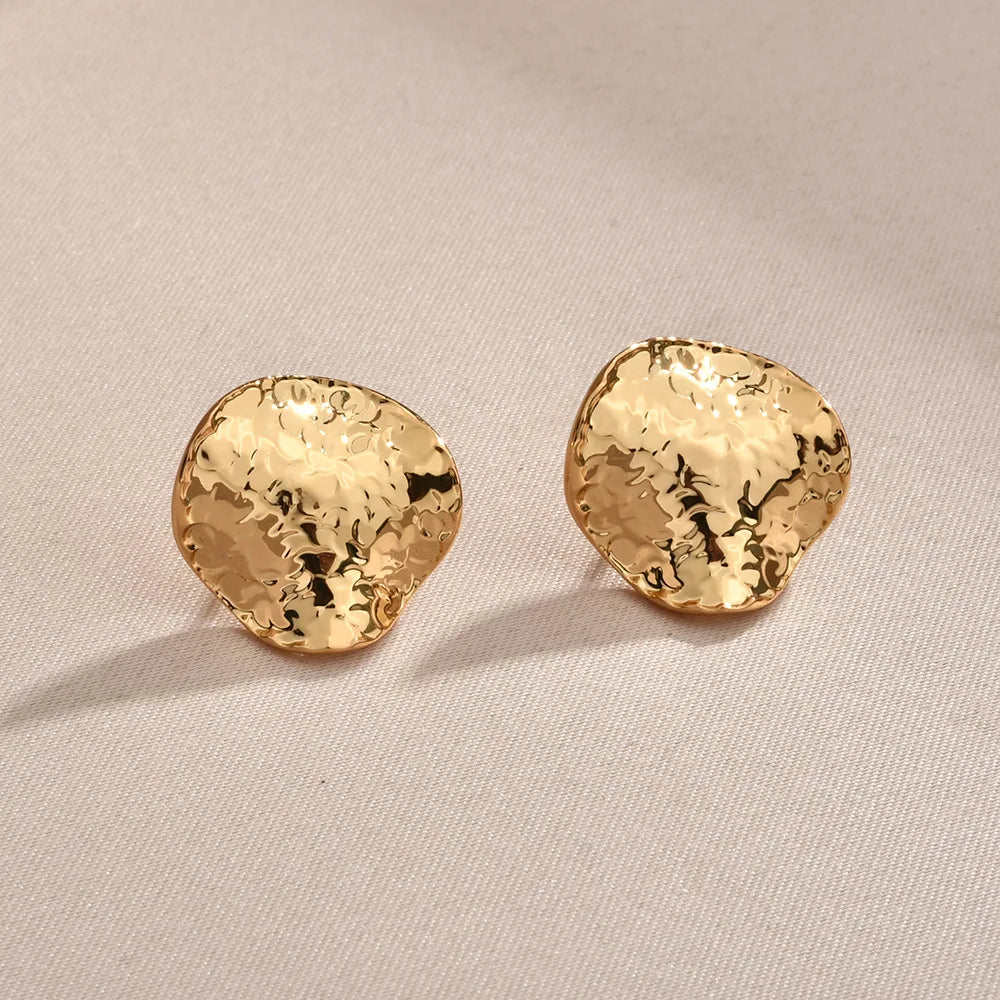 Fashion Copper Stud Earrings Pleated Metal Flashing Texture Earpins Round Square Irregular Earrings Wholesale European American