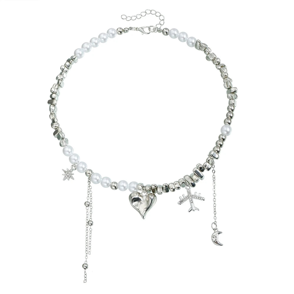 Fashion Beads Heart Airplane Sweet Necklaces for Girls Trendy Stylish Tassel Jewellry for Women Ladies Accessories Wholesale