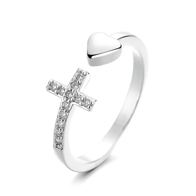 Zircon-encrusted Cross Heart-shaped Opening Rings for Women Couple Simple Rings Unisex in Stock Jewelry Accessories Wholesale