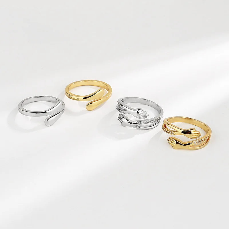 Hot Sale Love Embrace Couple Rings Romantic Fashionable Open Rings with Zircon Korean Style Simple Jewelry Accessories Wholesale