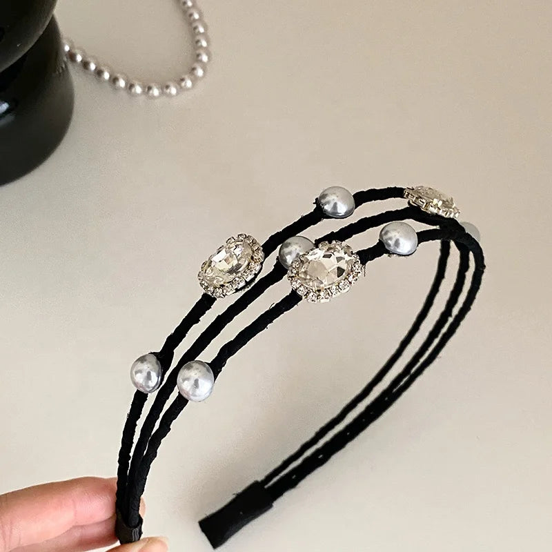Women Hot Sale Solid Color Rhinestone Imitation Pearl Slim Hairband Fashion Chic Elegant Customized in Stock Headband Accessory