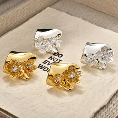 Fashion Elegant Earrings Irregular Geometric Pleated Square Stud Earrings with Zircon Flower Earrings European and American Bulk