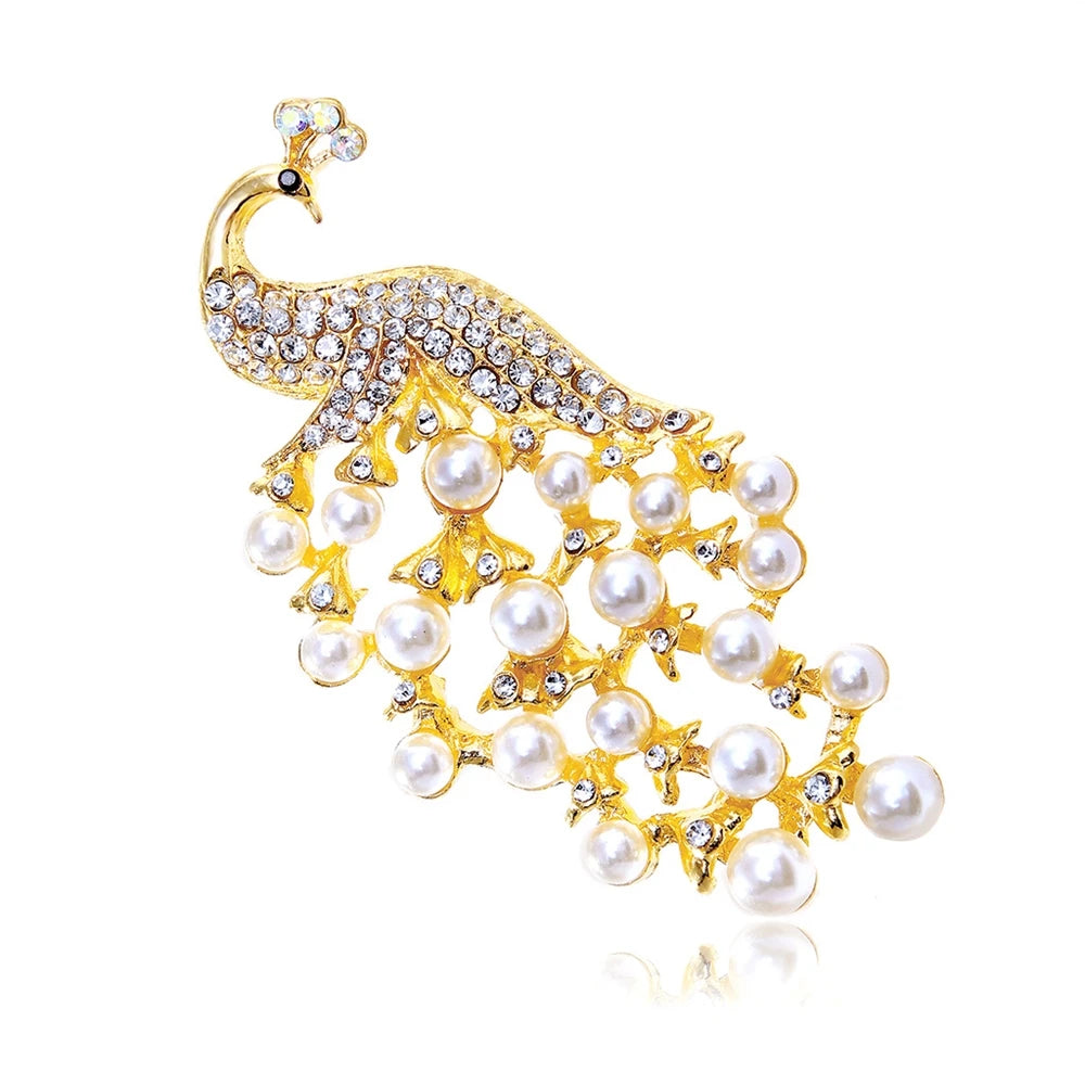Fashion Animals Glitter Sparking Peacock for Girls Sweet Imitation Pearl Pins Jewelry for Women Ladies Accessories Wholesale