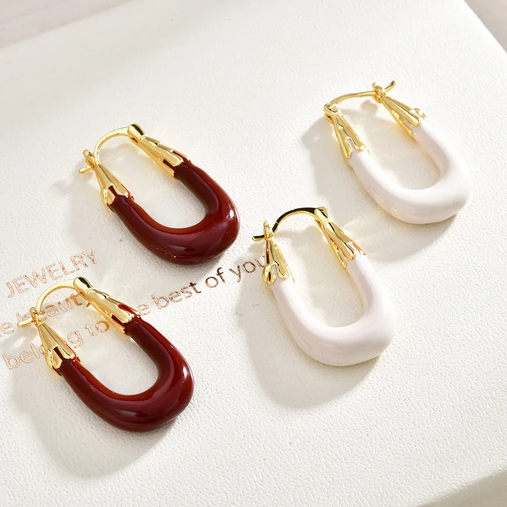 French Geometric Ear Buckles Solid Colors Wine Red Oil-Dripping U-Shaped Earrings Casual Elegant Fashion Earrings Women Bulk