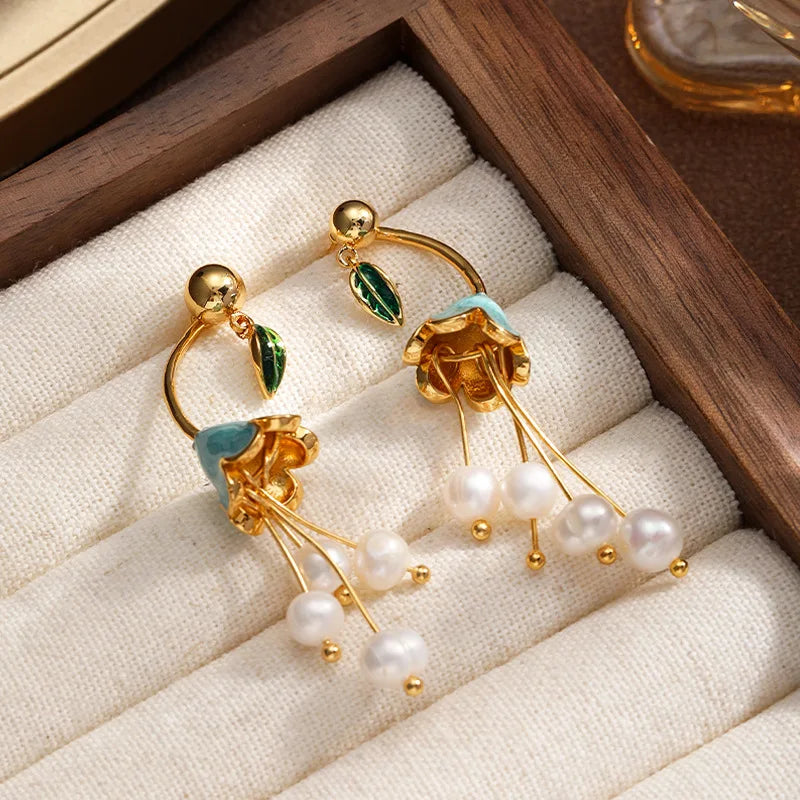 Fashion Freshwater Pearl Copper 18K Gold Plated S925 Silver Flower Drop Earrings for Girls Elegant Jewelry for Women Ladies
