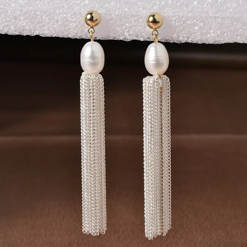 Baroque Retro Pearl Long-chain Fringed Stud Earrings Tassel Sweet Elegant Ear Stud Stylish High-end Earrings Jewelry for Women