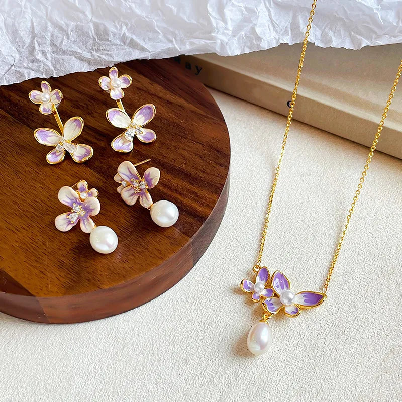 Female Flower Purple Chain Freshwater Pearl 18k Gold-plated Necklace Fashion Elegant Beauty Low MOQ in Stock Jewelry for Daily