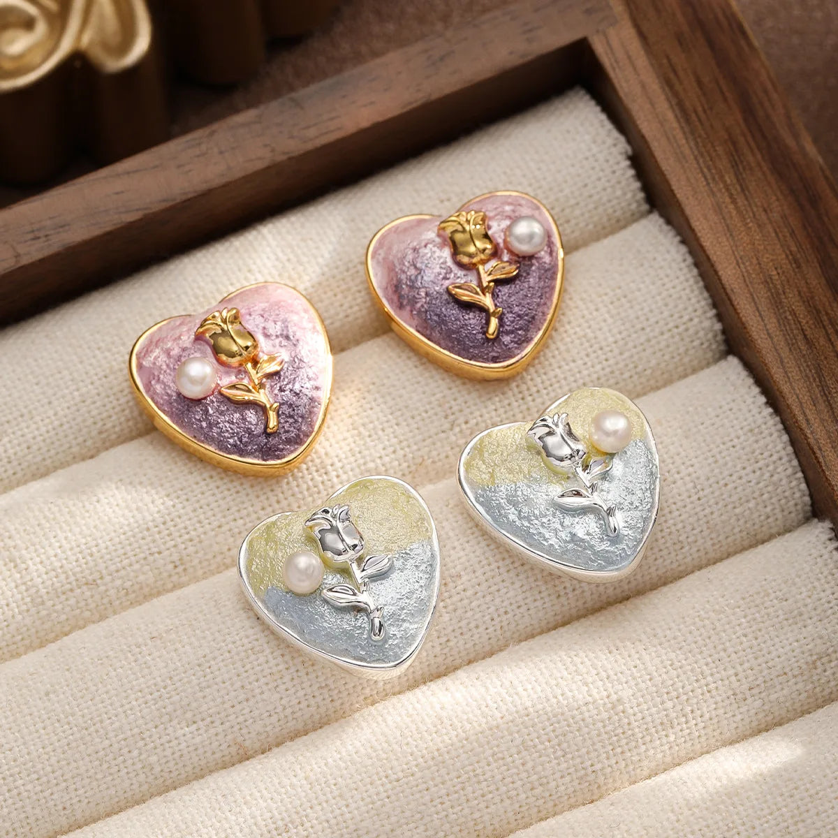 Women Pinl Silver Yellow Heart Shape Copper Stud Earring Low MOQ Factory Price Sweet Fashion in Stock Jewelry for Female Daily