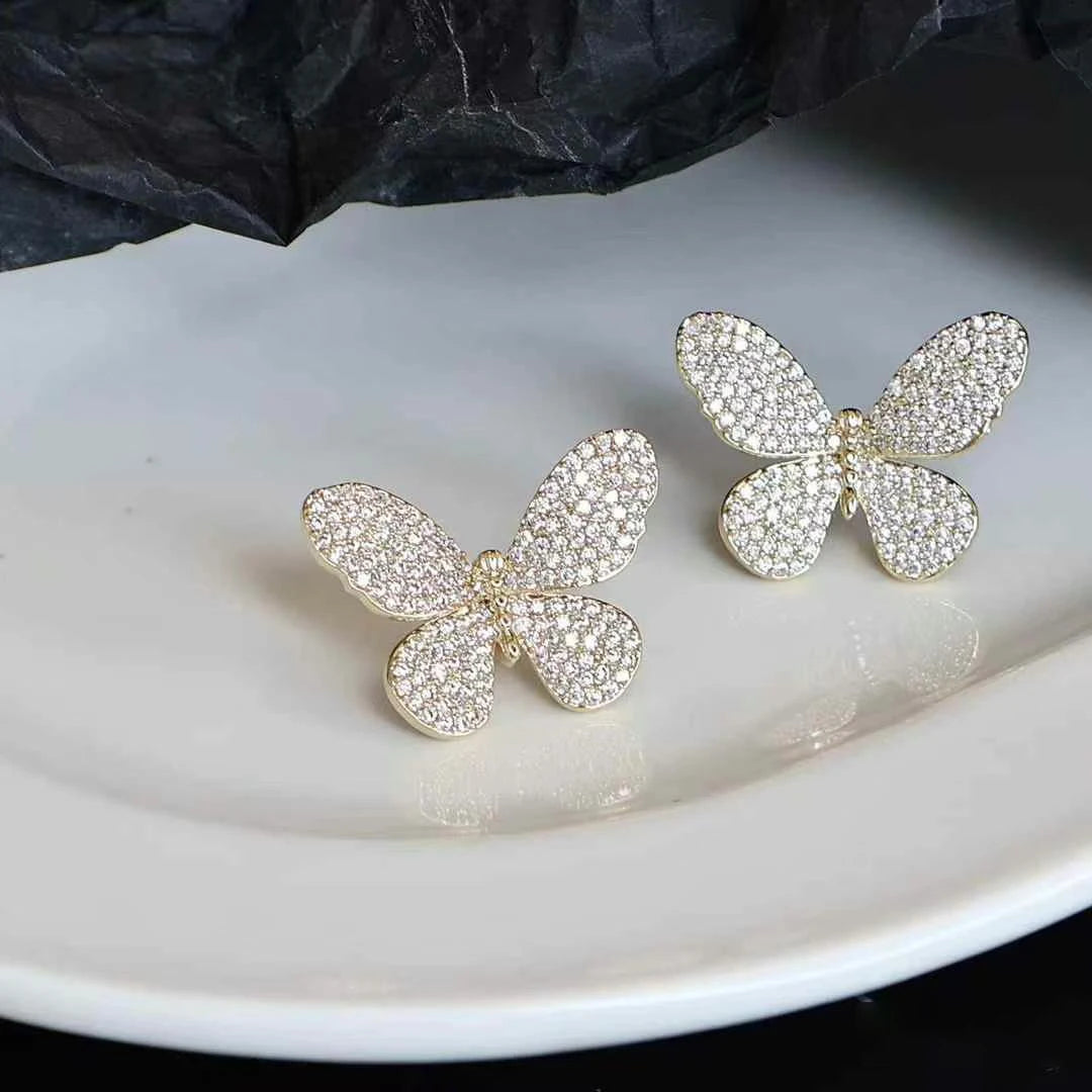 Ladies Silver Butterfly Small Rhinestone Stud Earring Sparking Fashion Chic Simple Elegant Bulk Jewelry Accessories for Causal